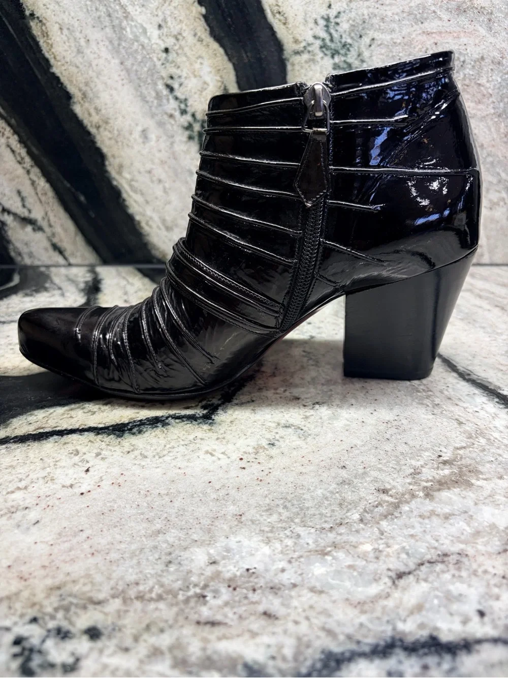 Silvano Lattanzi Black Patent Leather Buckle Ankle Boots Heels Size 38 Italy